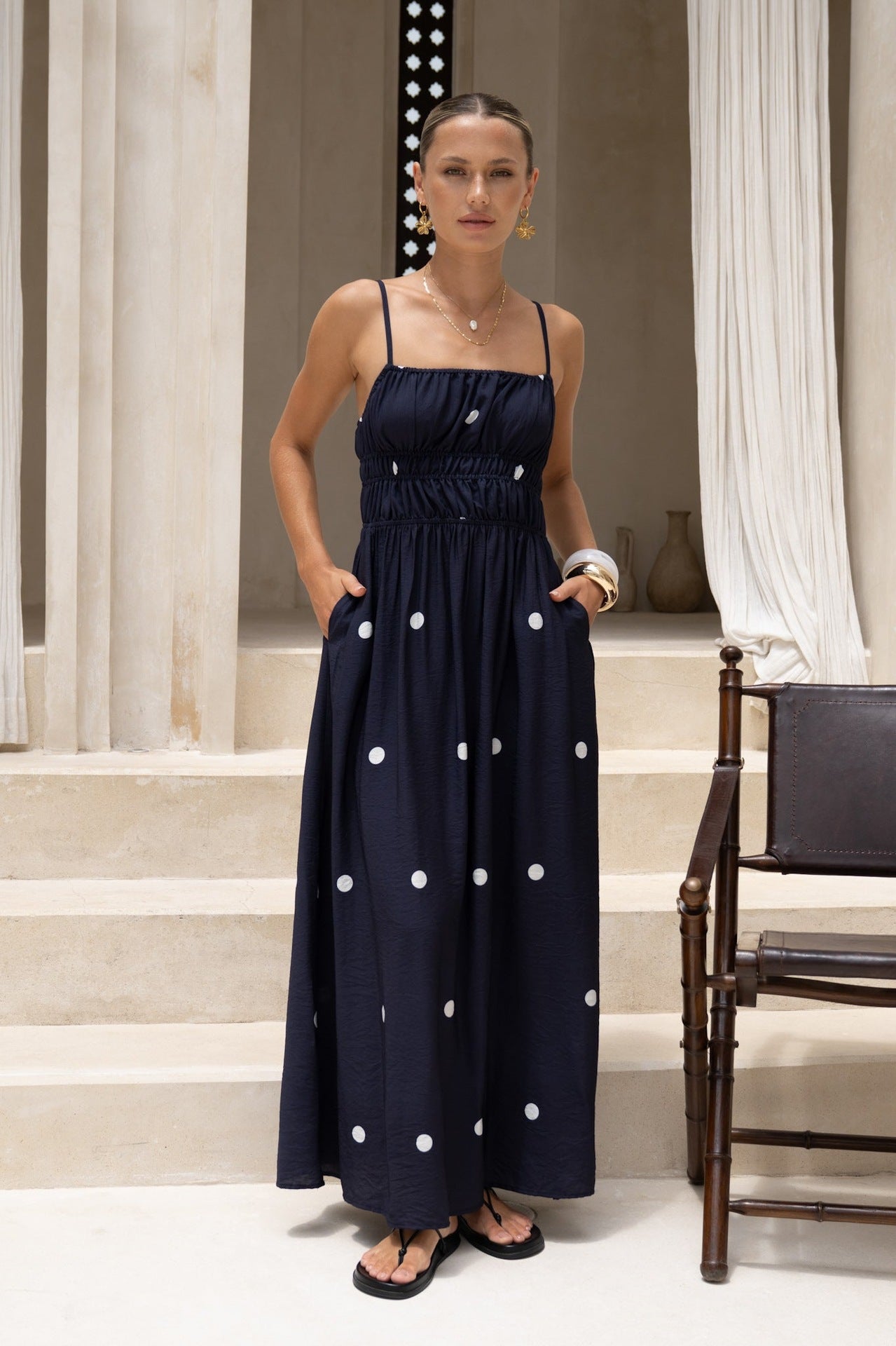 French Spaghetti Strap Ruched Bust White Polka Dot Flowy Maxi Dress