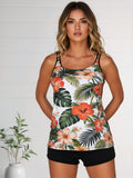 2026 New Tropical Hibiscus Print Tankini Swimsuit, Double Spaghetti Straps Tummy Control Swimwear