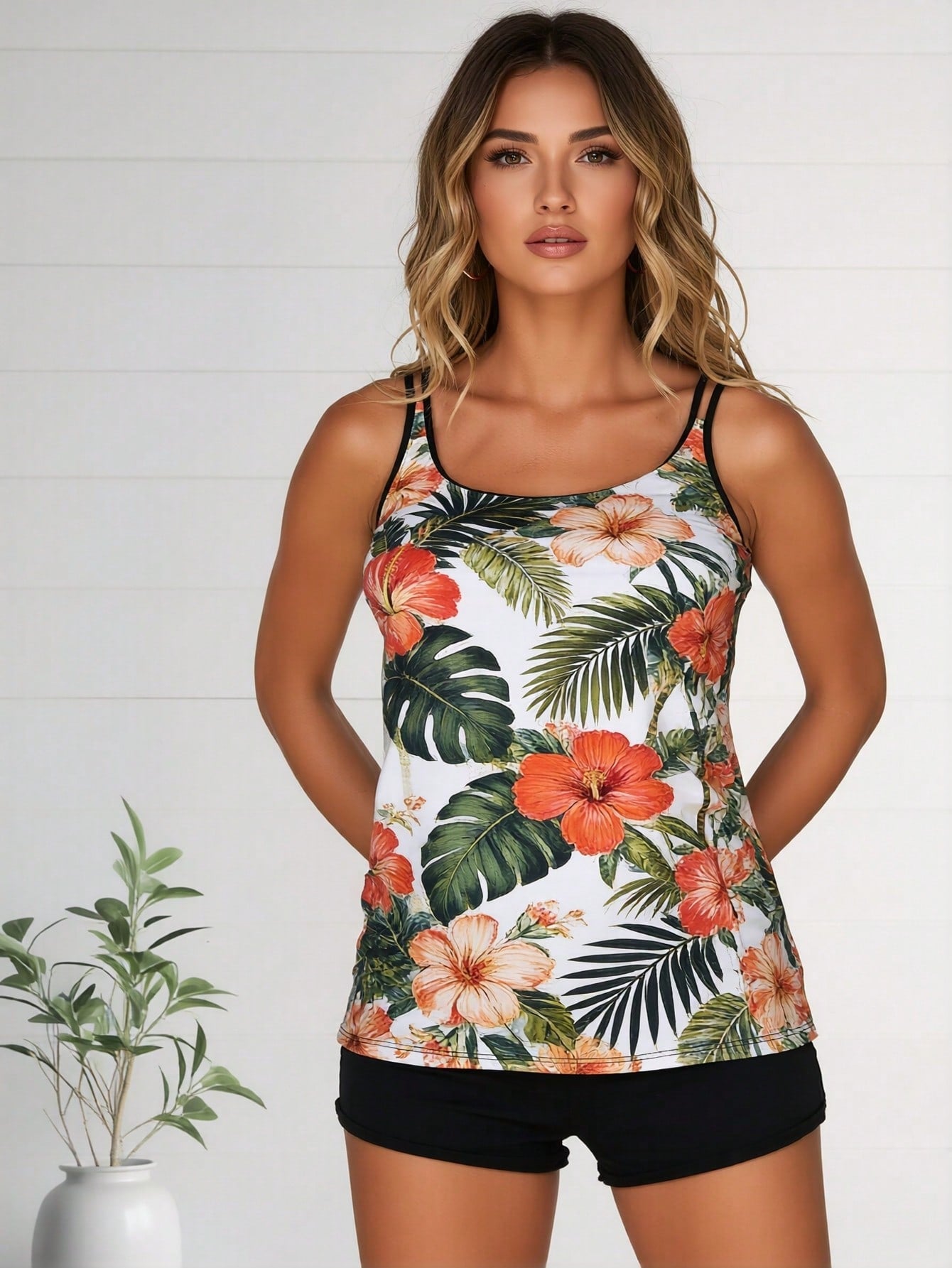 2026 New Tropical Hibiscus Print Tankini Swimsuit, Double Spaghetti Straps Tummy Control Swimwear