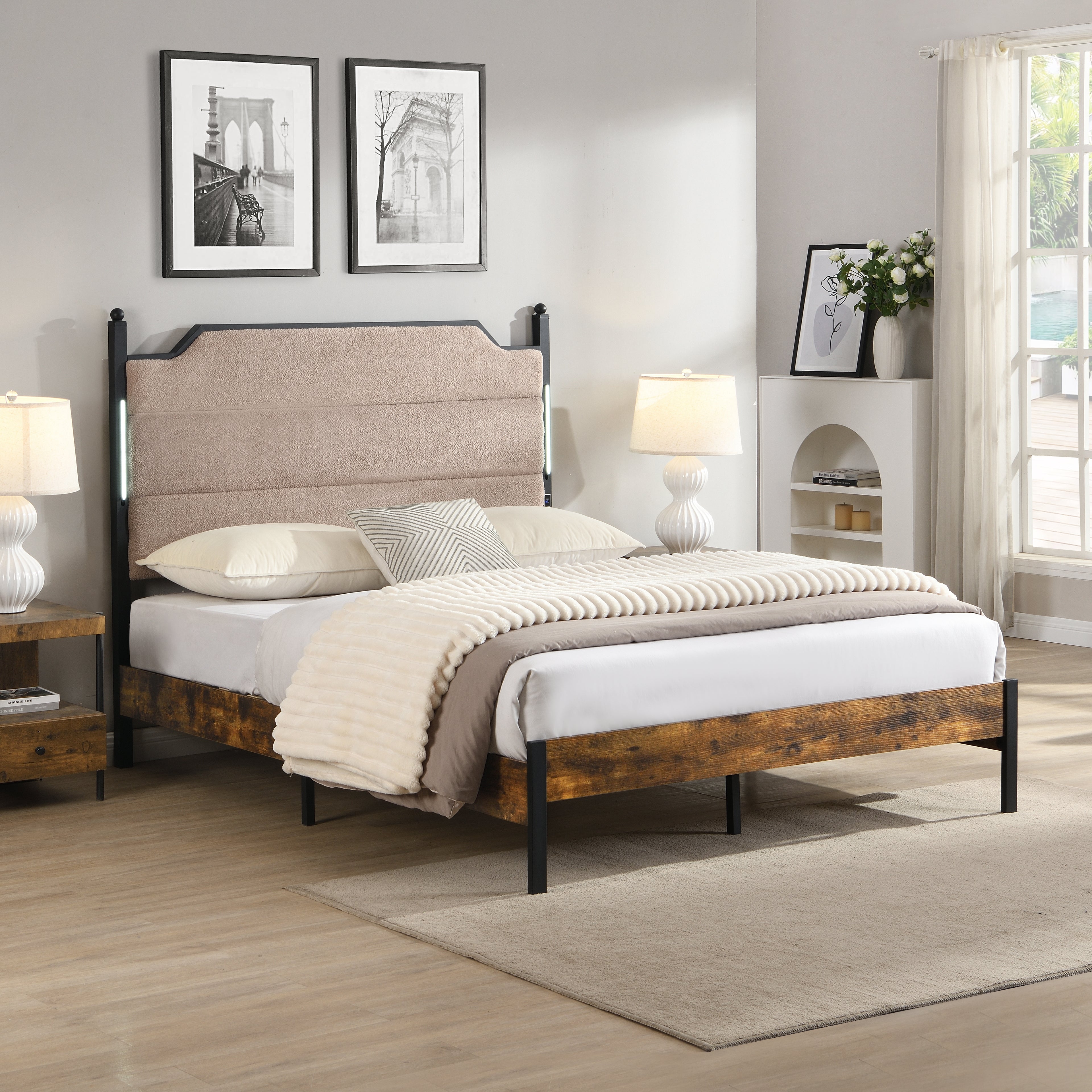 Queen  Bed Frame , Upholstered Headboard  With Charging  And Touch Sensitive LED Lights, Under Bed Storage, No Box Spring Needed,Noise Free