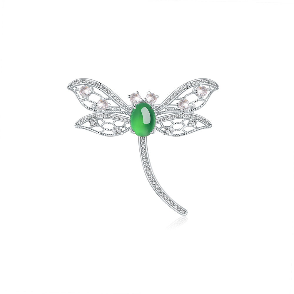 S925 Sterling Silver Dragonfly Brooch, 8x6mm Cabochon Green Chrysoprase, Platinum Plated 3.9g, Elegant Women's Brooch Pin With Gift Box