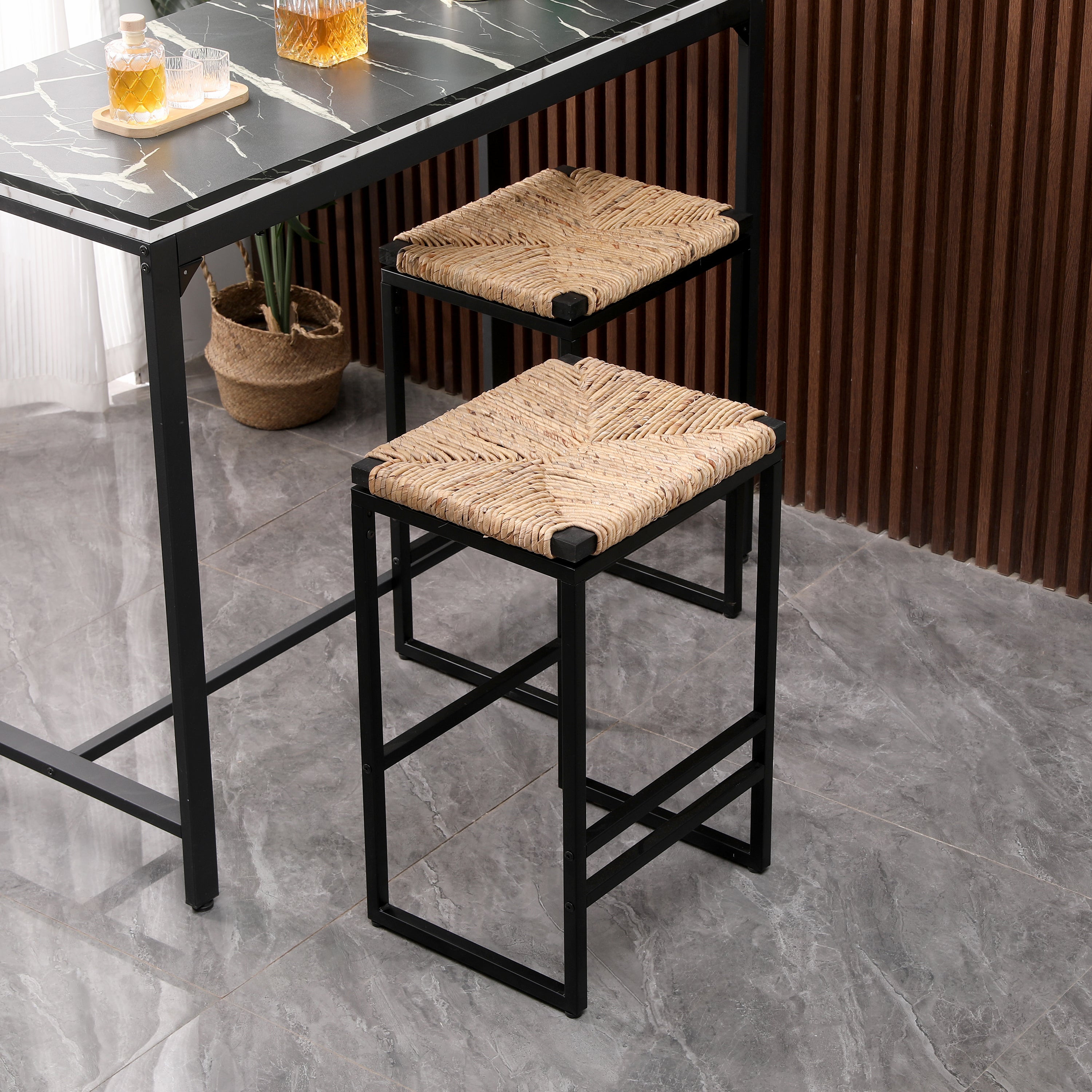 Set Of 2 Water Hyacinth Woven Bar Stools For Kitchen Counter Water Hyacinth Grass Backless Barstools With Footrest  Water Hyacinth Backless