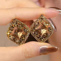 Trendy Brown Diamond Crystal Studs, Elegant High-End Women Ear Ornaments