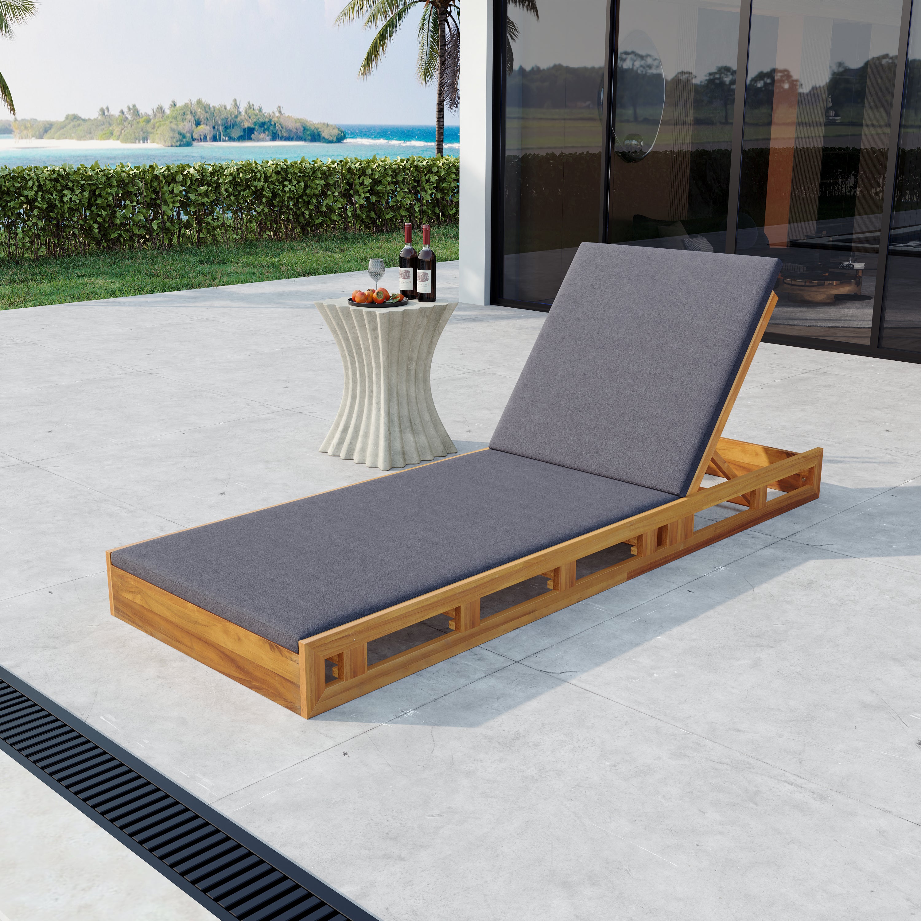 LOUNGE CHAISE SET,ACACIA WOOD WITH WATER-RESISTANT LOUNGE CUSHIONS  Dark Grey  & 2 INCH THICK  - MATCHING CREAM LEAF COCONUT VERSION AVAILABLE