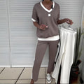 V-neck Short-sleeve Top And Color-block Long Pants Womens Sportswear Set