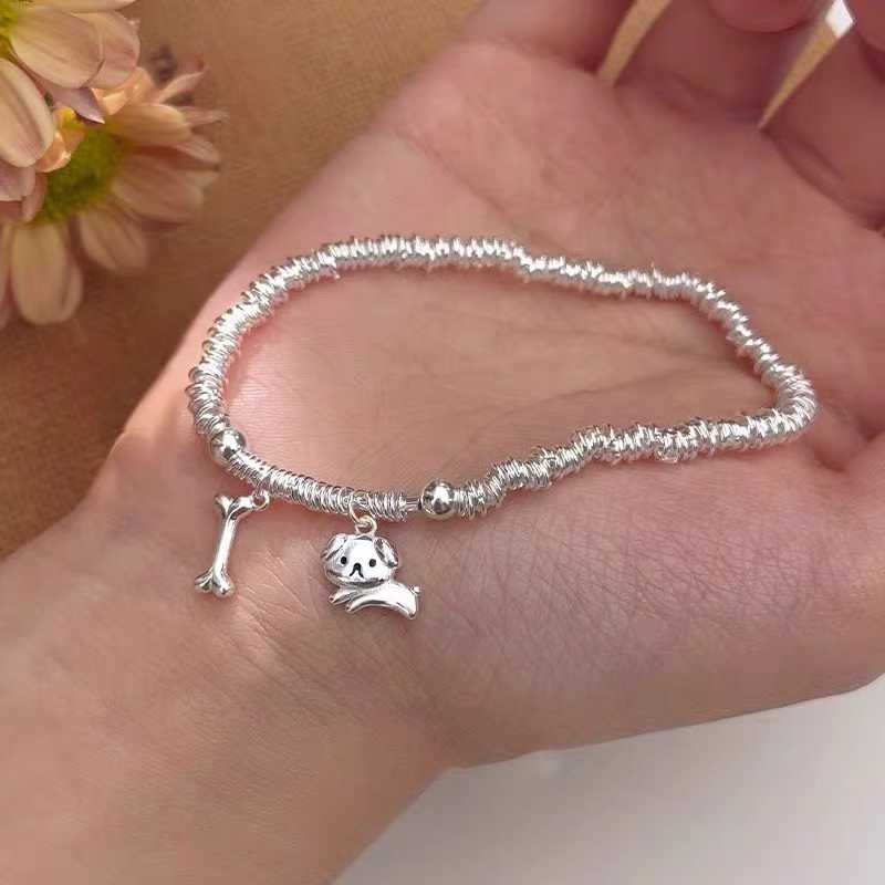 1pcs 925 Sterling Silver Coiled Wire Slide Bracelet With Puppy & Bone Charms, Cute Sweet Style, For Daily Casual Wear & Women Holiday Gifts