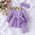 Solid-color Striped Long-sleeve Romper With A Tulle Skirt Hem