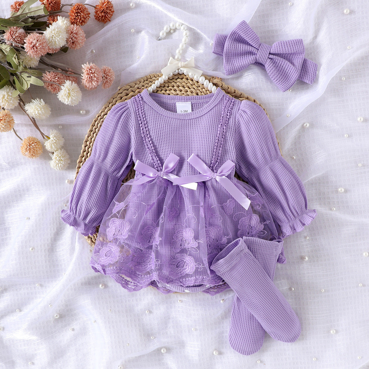 Solid-color Striped Long-sleeve Romper With A Tulle Skirt Hem
