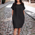 Casual Womens Solid-color Loose-fit Short-sleeve Cotton-linen Dress