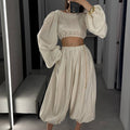 Crew Neck Long-sleeved Cropped Top And Trousers Two-piece Set