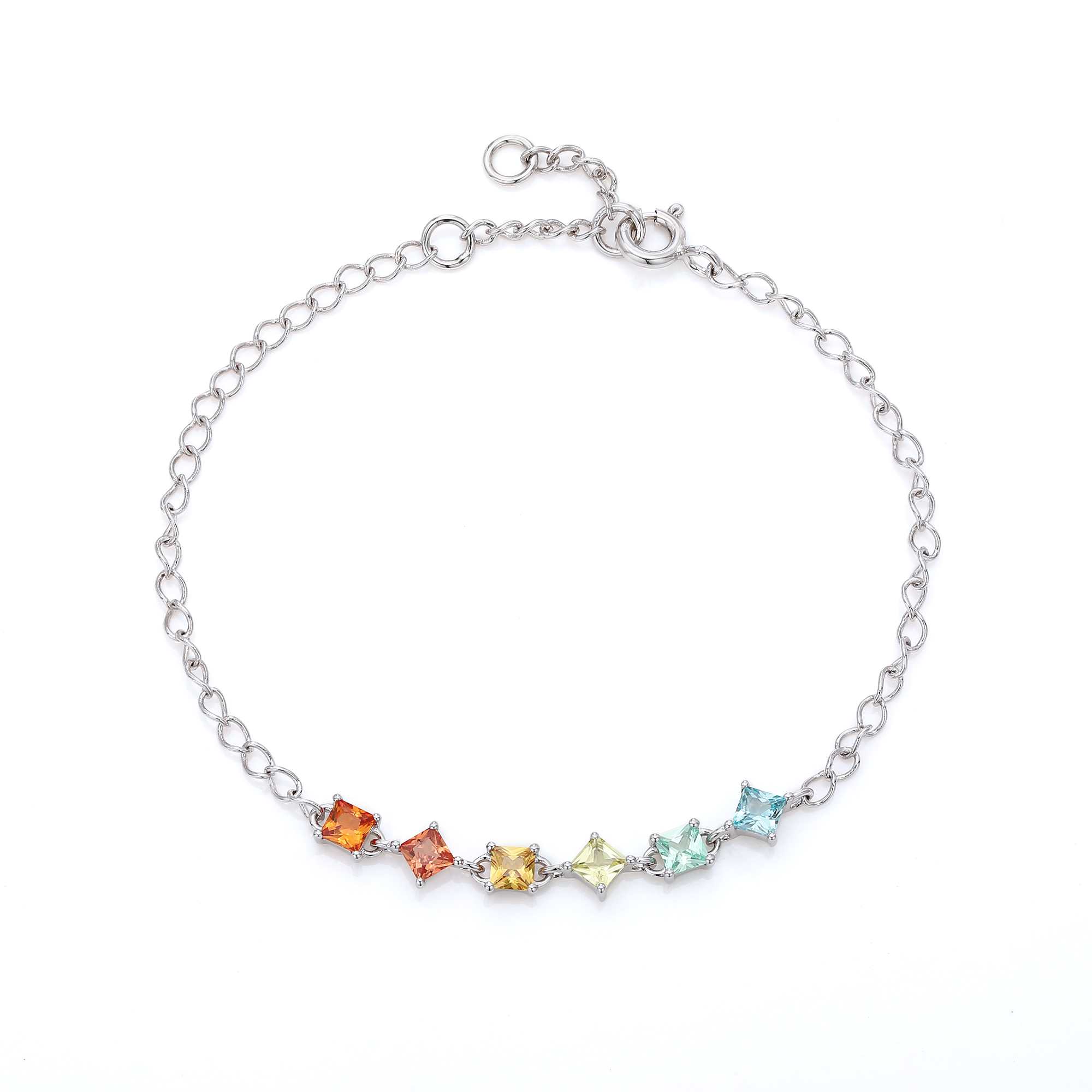 S925 Sterling Silver Rainbow Lab-Grown Gemstone Bracelet 16cm Square Cut Platinum Plated Gift Box
