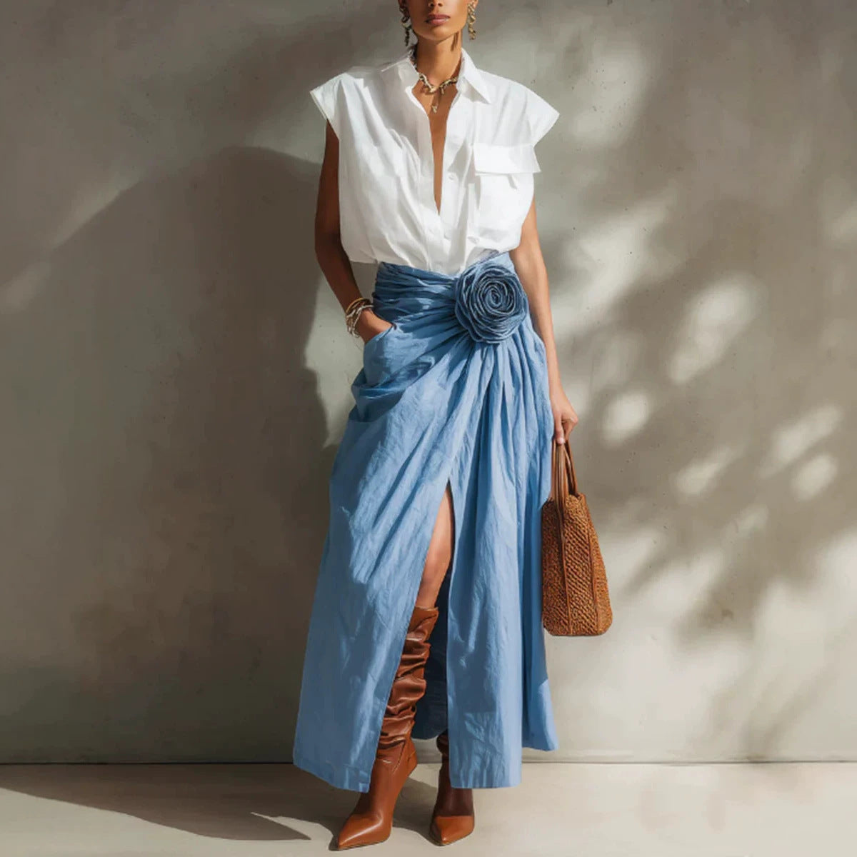 Polo-collar Shirt And Skirt Two-piece Set