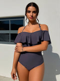 2026 New Off-Shoulder Ruffle One-Piece Swimsuit, Halter Neck Tummy Control Bathing Suit