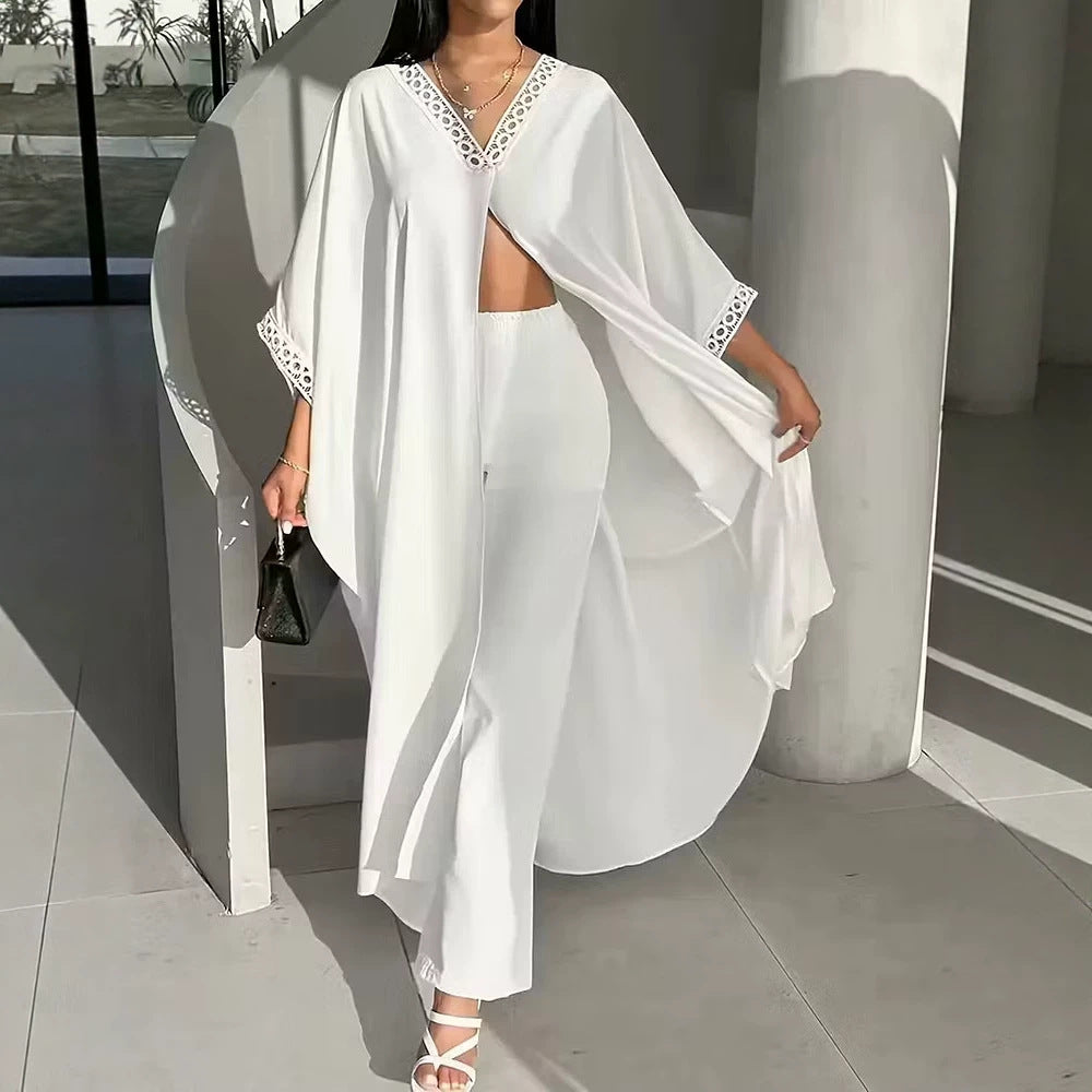 Womens Loose-Fit Batwing-Sleeve Lace V-Neck Coat And Pants Set