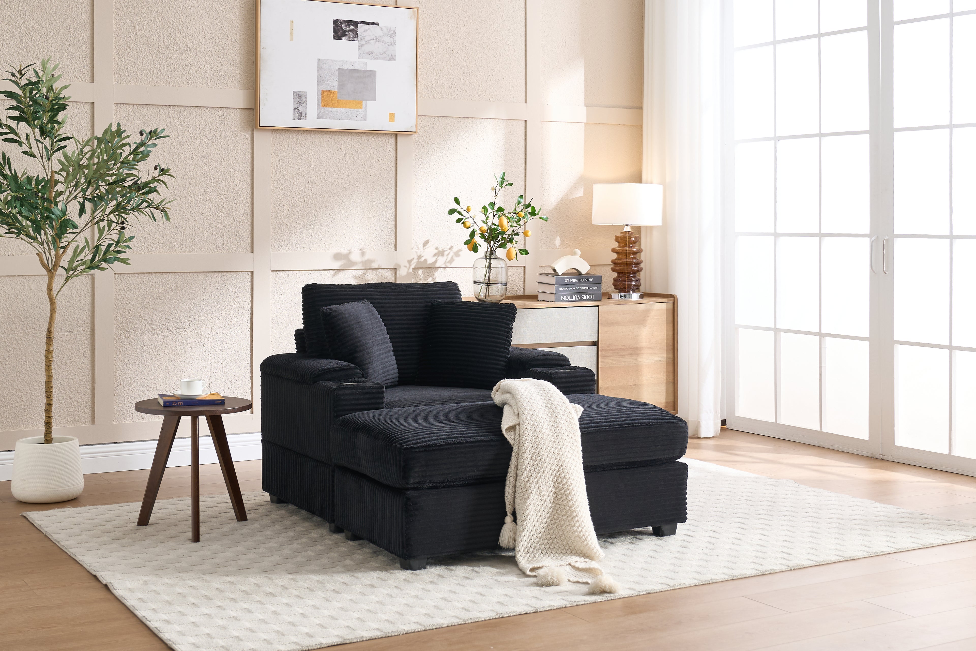 VIDEO New Corduroy Upholstered Chaise Lounge Sofa With Handrail Storage,Movable Ottoman,Cupholders,Detachable Cushions Deep Seat For Living Room Office,5 Colour,Wide Stripe Corduroy