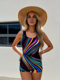 2026 New Rainbow Diagonal Stripe Print One-Piece Boyleg Swimsuit, Scoop Neck Tummy Control Bathing Suit