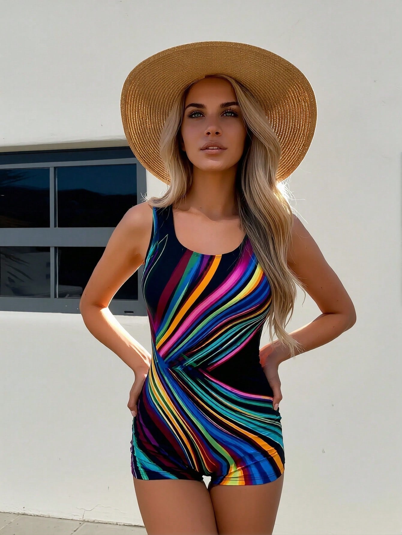 2026 New Rainbow Diagonal Stripe Print One-Piece Boyleg Swimsuit, Scoop Neck Tummy Control Bathing Suit