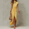 Half-high Neck Pleated Slit Maxi Evening Gown Dress