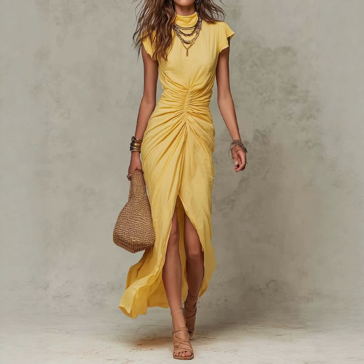 Half-high Neck Pleated Slit Maxi Evening Gown Dress