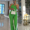 Fashionable Patchwork Color-Block V-Neck Zippered Sleeveless Split-Pant Two-Piece Set