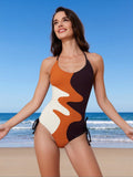 2026 New Women's One-Piece Swimsuit: Earth Tone Abstract Color Block With Halter Neck And Side Ties