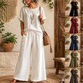 Solid-color Crew-neck Short-sleeve High-waist Wide-leg Pants Cotton-linen Casual Set