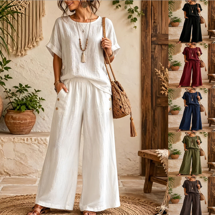 Solid-color Crew-neck Short-sleeve High-waist Wide-leg Pants Cotton-linen Casual Set