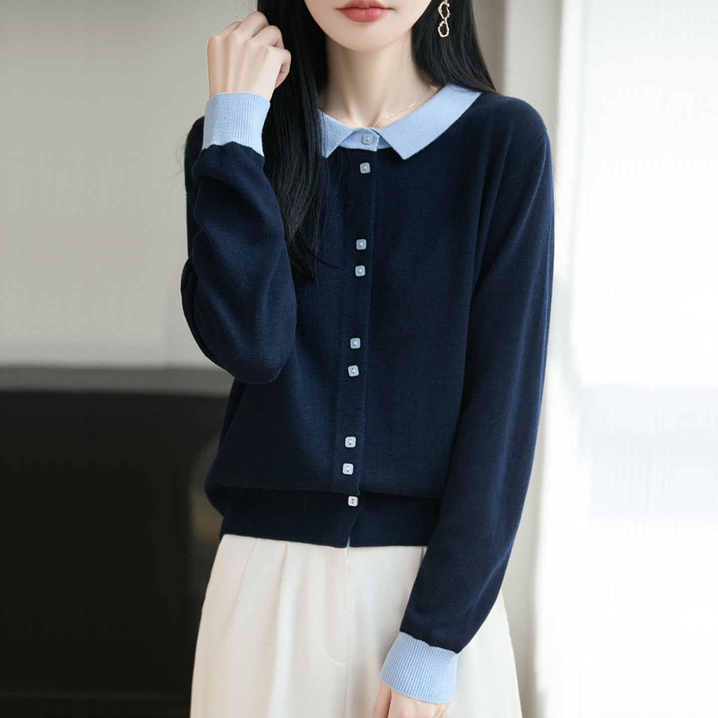 Womens Relaxed-fit Lapel-collar Color-block Knit Cardigan