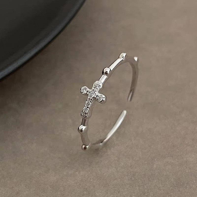 Silver Open-ring Zircon Cross Ring