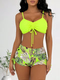 2026 New Neon Green Front Tie Bikini Top & Tropical Leaf Print Side Drawstring High Waist Shorts Two Piece Swimsuit