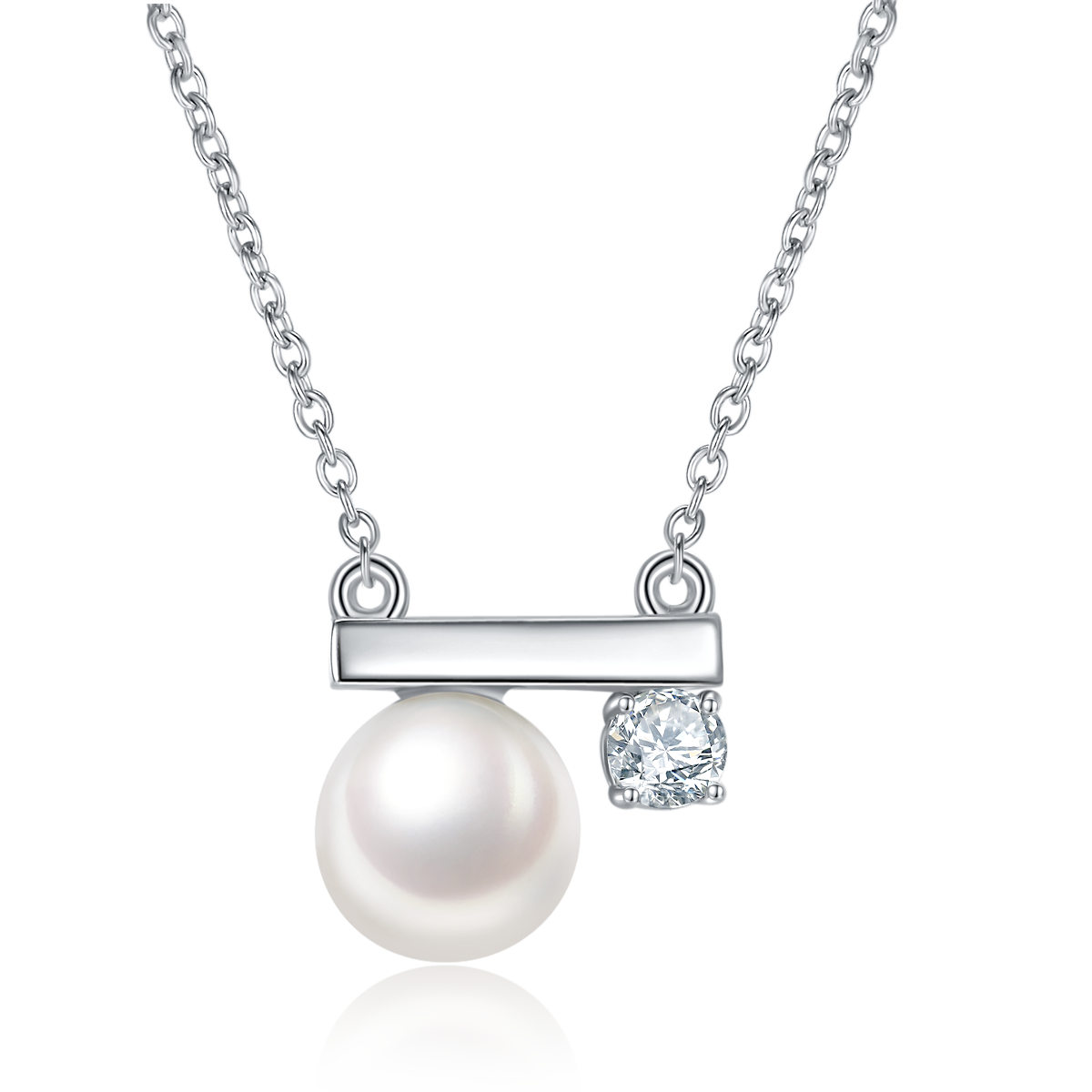 S925 Sterling Silver Natural Freshwater Pearl Necklace Asymmetrical Balance Bar Design Platinum Plated 2g Gift Box