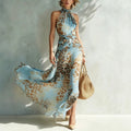 Leopard-print Sleeveless Maxi Dress Halter-neck Printed Gown