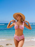 2026 New Women's Bikini Set: Vibrant Pink Floral Print, Wide Strap Bralette Top, High-Waist Bottoms, Playful Beach Style