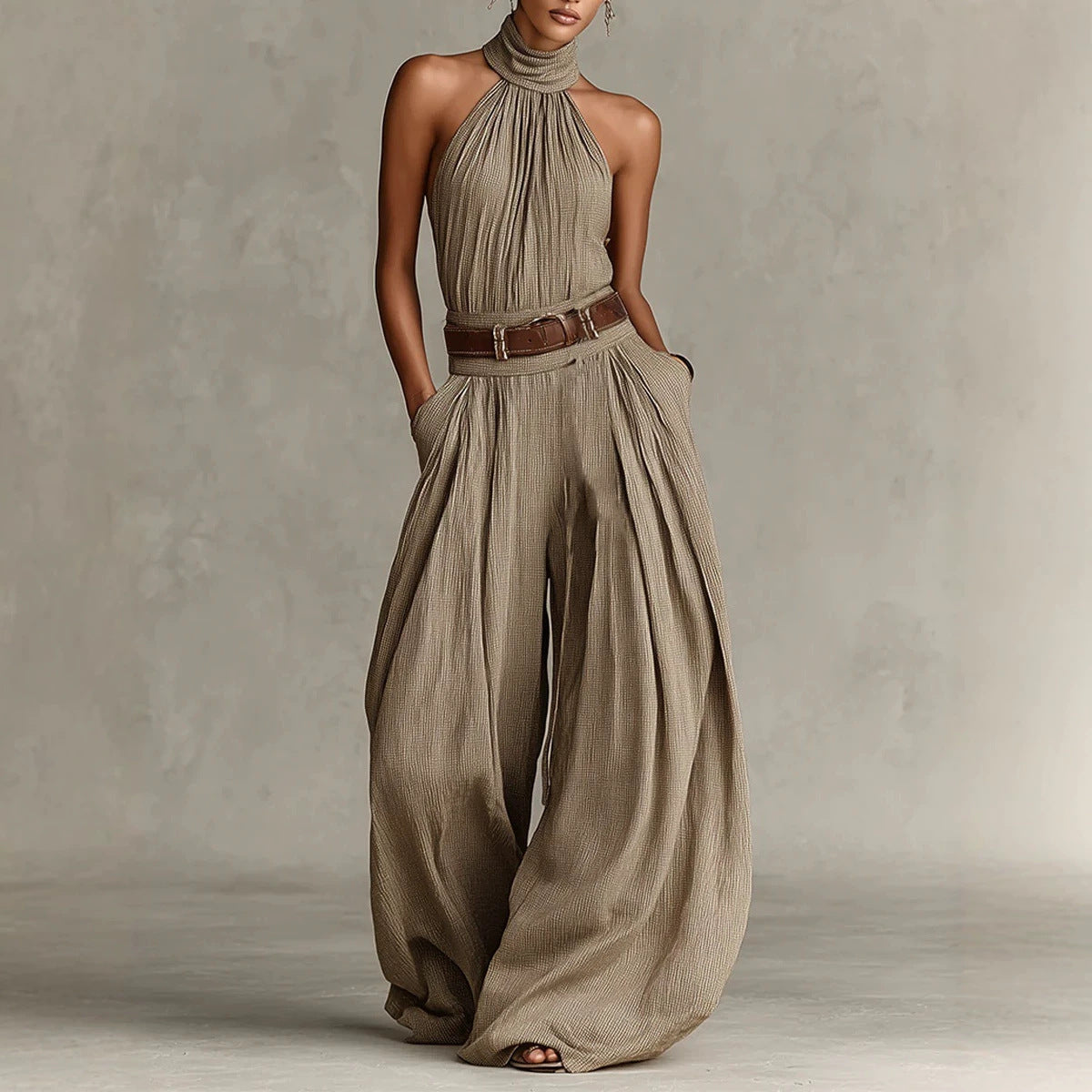 Solid-color Sleeveless Halter-neck Slim-fit Jumpsuit For Women
