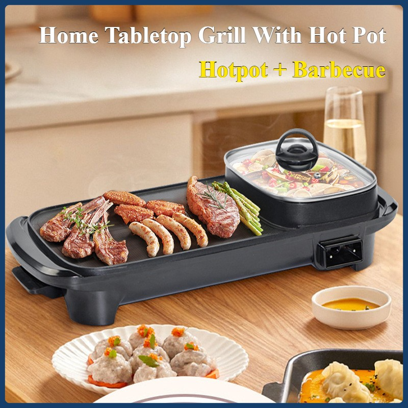 2in1 Electric Hot Pot Barbecue Grill Non-Stick Teppanyaki Pan Rectangular Cooker