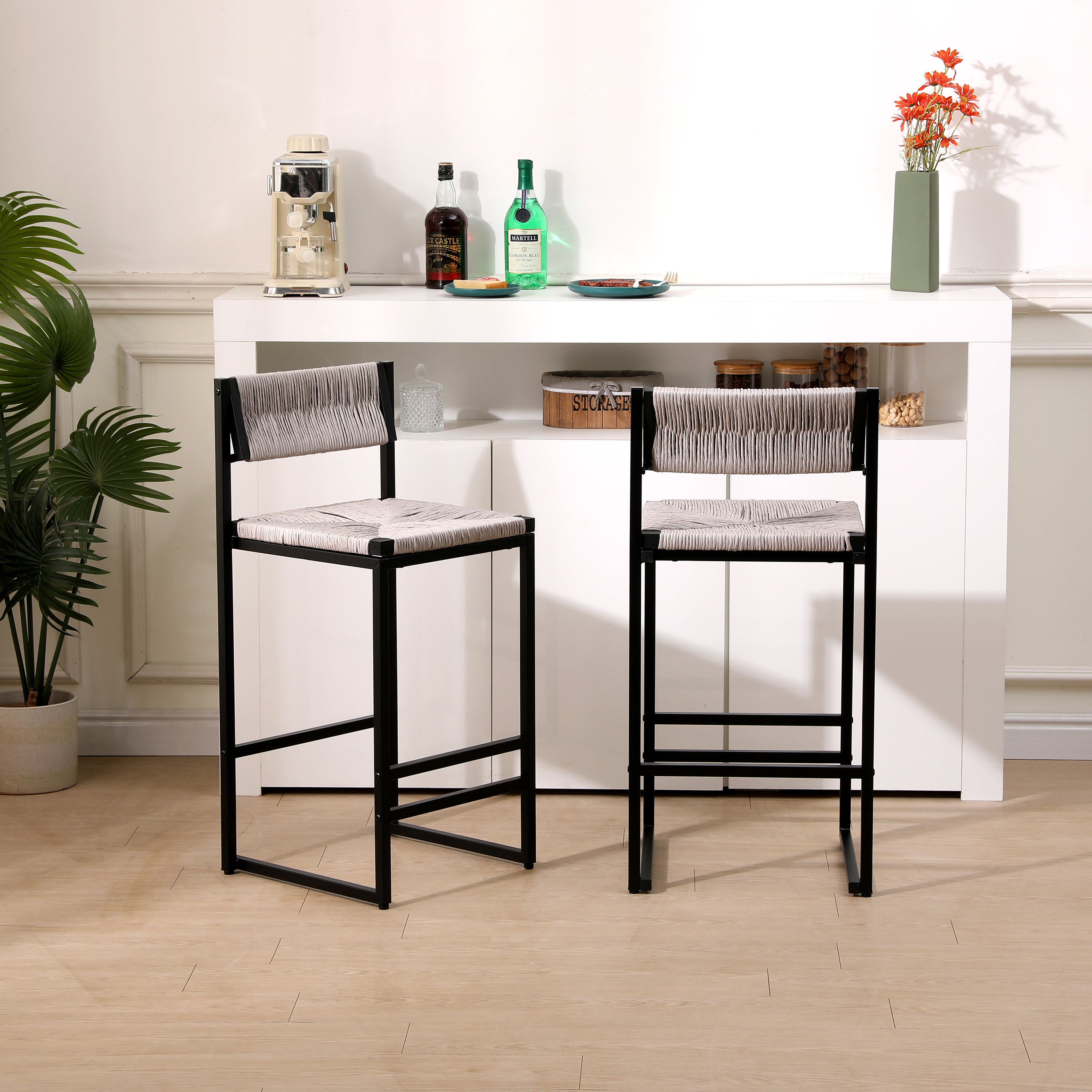 Gray Set Of 2 Hand Weave Bar Stools With Back Counter Height Bar Chairs Paper Rope Woven Dining Stool For Kitchen, Home & Office  Gray