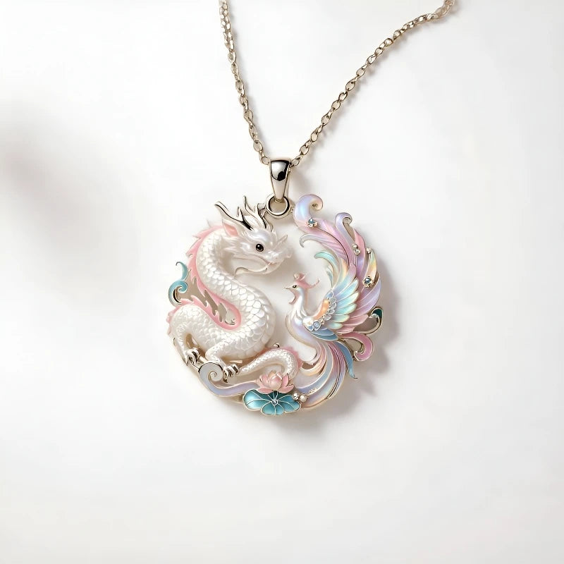 1pcs Gradient Enamel Hollow Dragon Phoenix Lotus Pendant Necklace, Elegant Oriental Style, For Daily Wedding Wear & Couple Lucky Holiday Gifts
