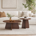 Retro-style Nesting Coffee Table Set. Available In Walnut Or Natural Wood Finishes. Round Nesting Side Tables With Crisscross Legs. Ideal For Living Rooms And Dining Rooms.