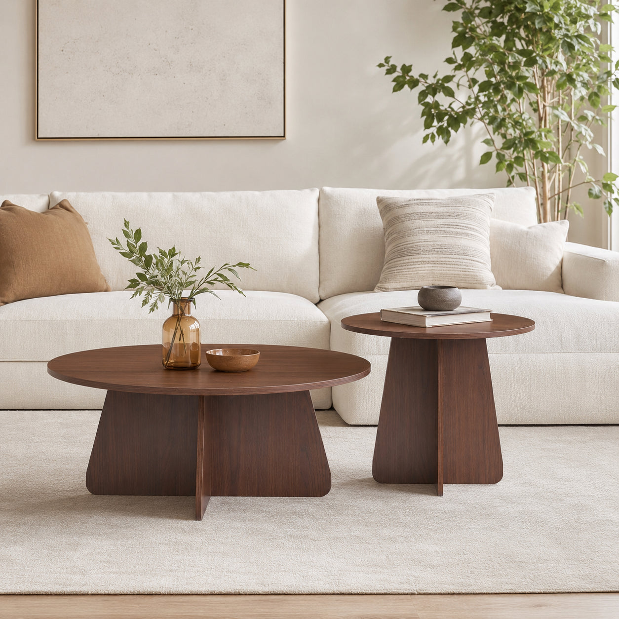 Retro-style Nesting Coffee Table Set. Available In Walnut Or Natural Wood Finishes. Round Nesting Side Tables With Crisscross Legs. Ideal For Living Rooms And Dining Rooms.