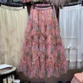 Heavy-beaded Irregular Hemline Patchwork Printed Tulle Skirt Multicolor Tiered Design