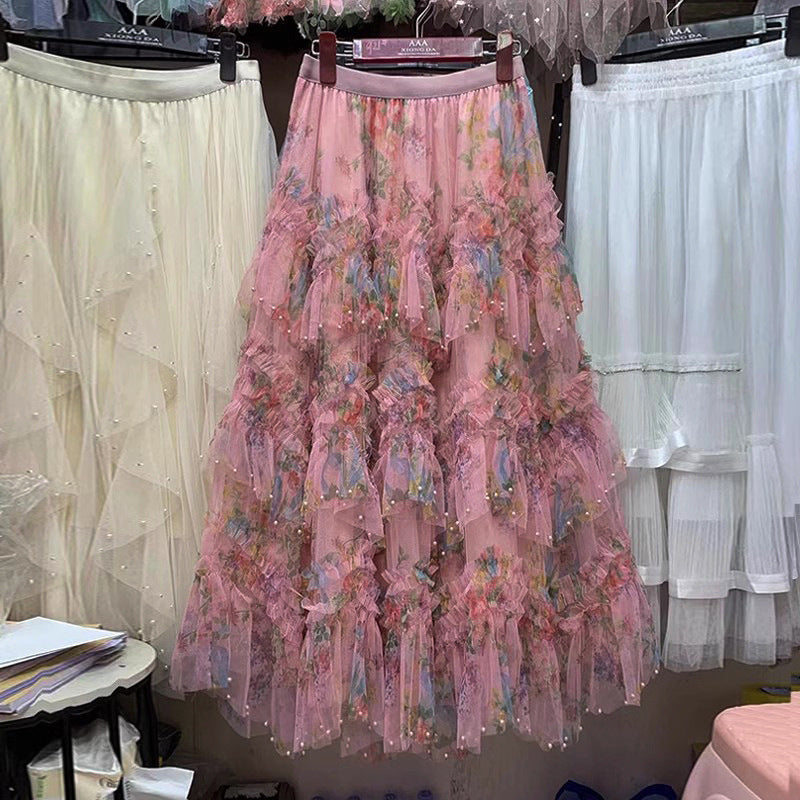Heavy-beaded Irregular Hemline Patchwork Printed Tulle Skirt Multicolor Tiered Design