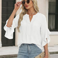Womens Solid-Color Casual V-Neck Ruffled-Edge Shirt
