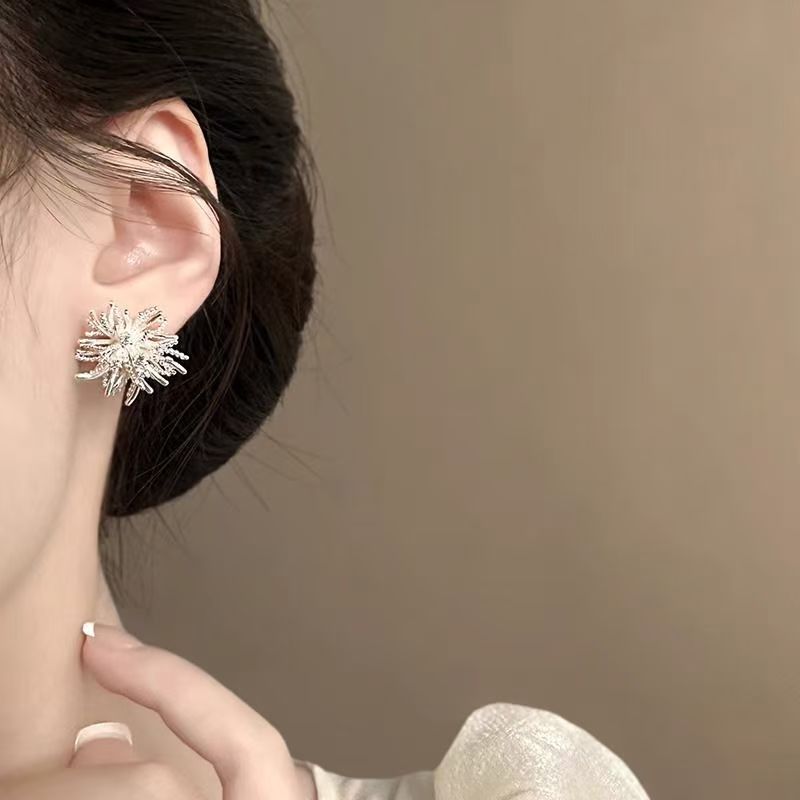 S999 Pure Silver Firework Studs, Luxury Dandelion Earrings With Niche Design