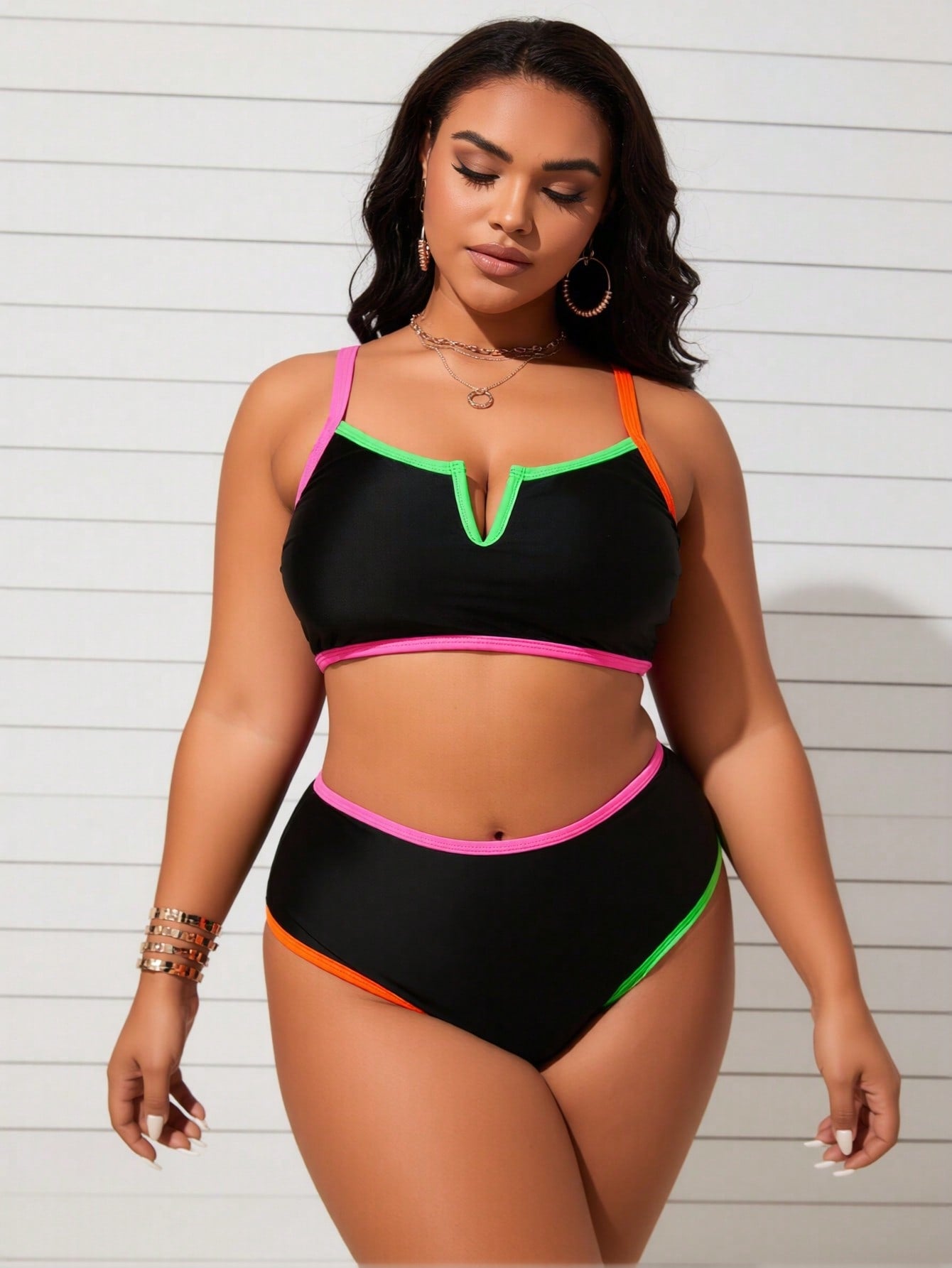 026 New Women's Plus Size Two-Piece Swimsuit: Black Bikini Top With Neon Color Block Trim, High-Waist Bottoms, V-Notch Neckline, Adjustable Straps