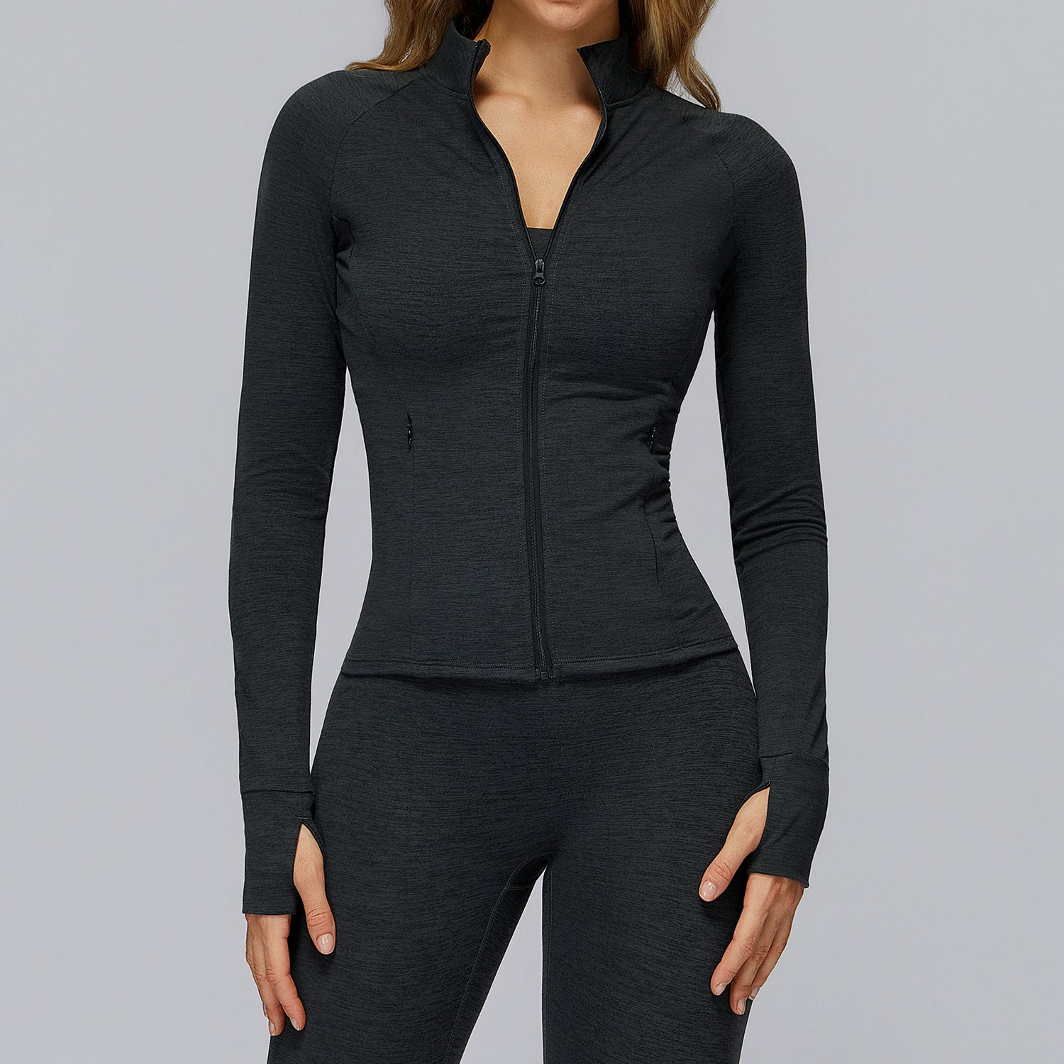 Brushed Long-sleeve Jacket With Zip Pockets Quick-drying And Form-fitting