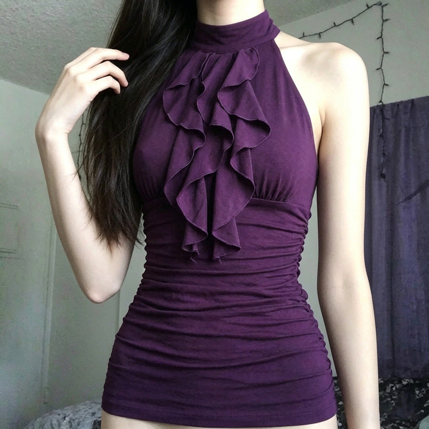 Niche Vintage-style Ruffled Halter-neck Turtleneck Top