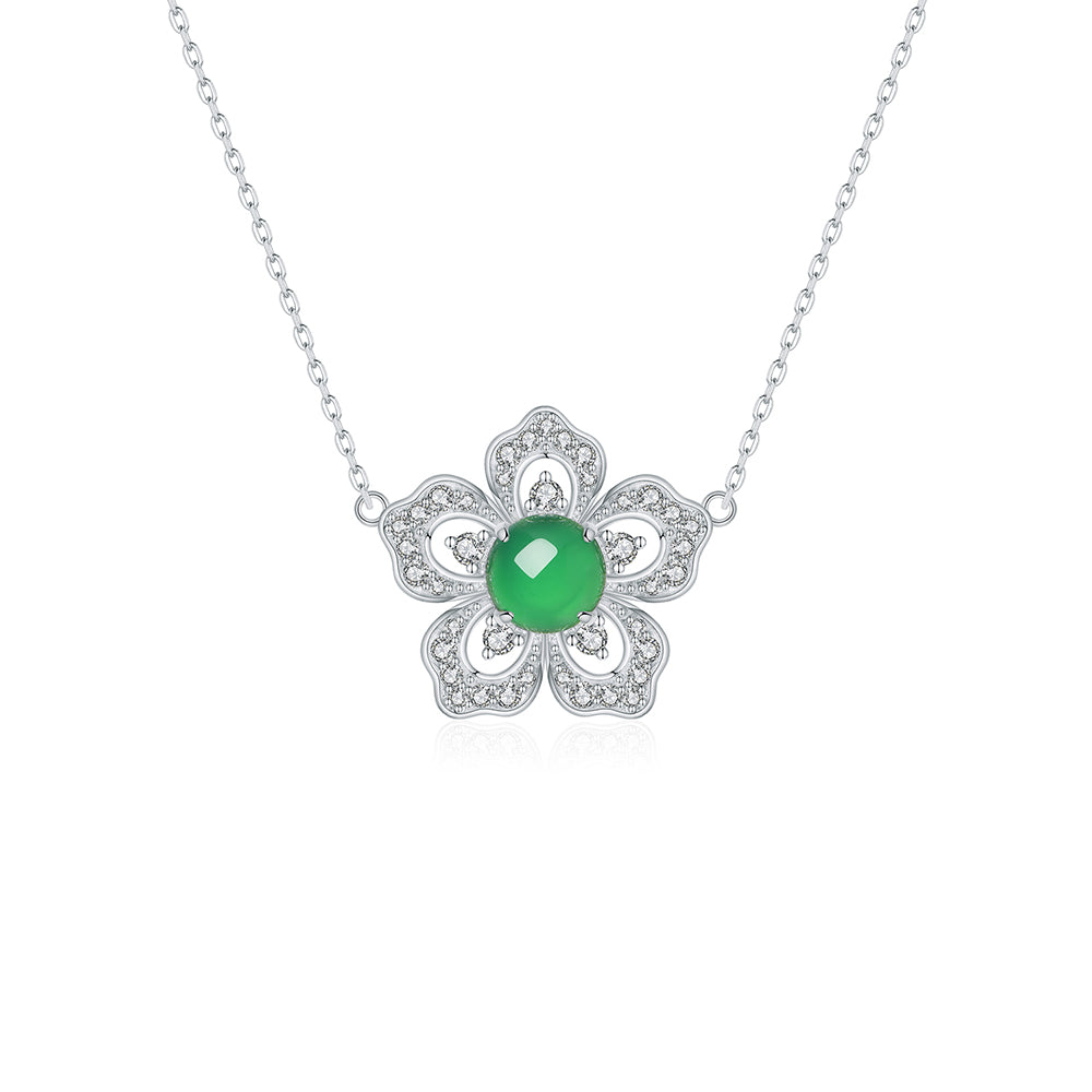 S925 Sterling Silver Flower Clover Necklace, 8mm Round Green Chrysoprase Pendant, Platinum Plated 45cm Chain, 4.5g Elegant Women's Jewelry Gift Set