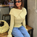 Womens Solid-Color Lapel Knitted Pullover Sweater