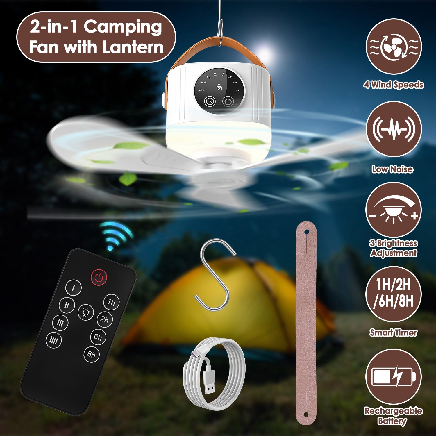 1Pc Tent Ceiling Fan With Light 7200mah Rechargeable Battery Operated Hanging Canopy Fan With Remote Control 4 Wind Speeds 3 Brightness Standard Type