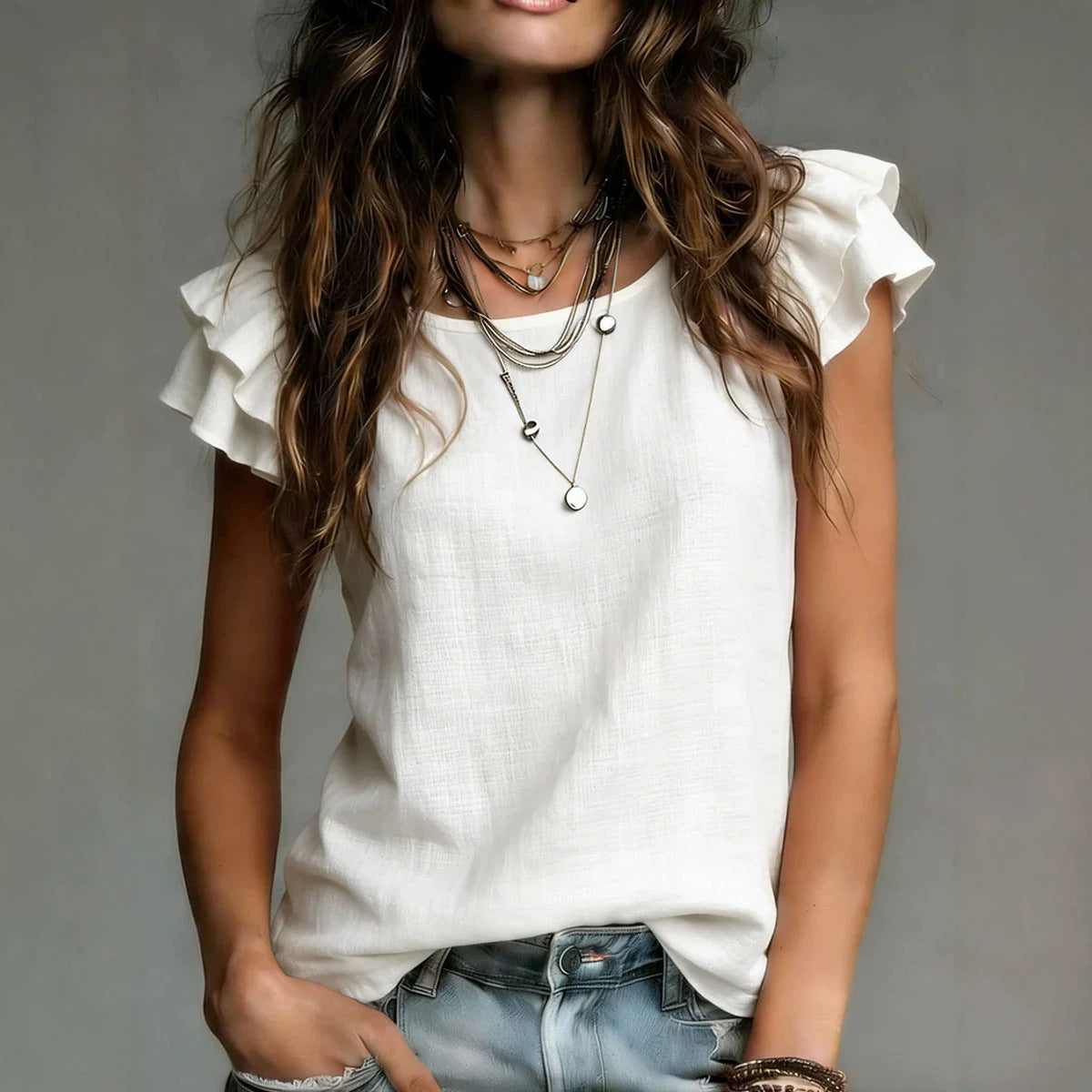 Womens Elegant Solid-color Short-sleeve Top